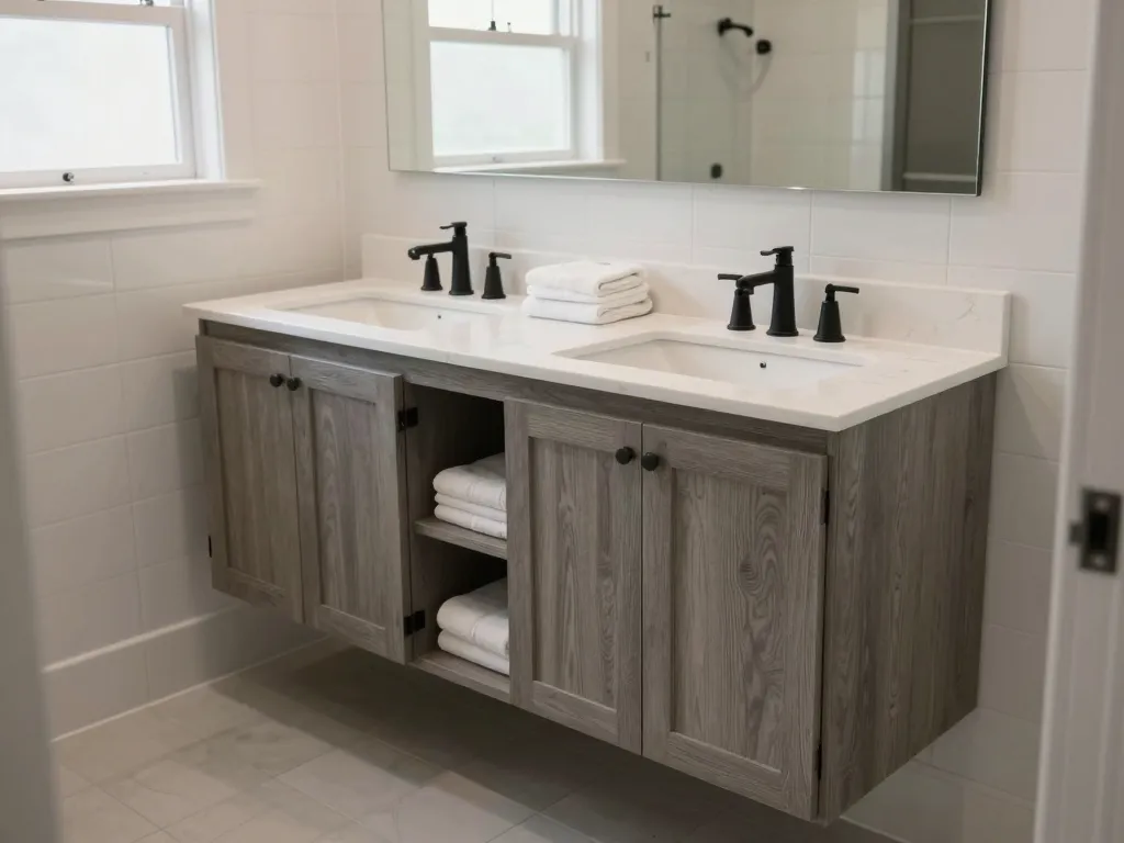 Custom double-sink floor-mounted vanity with Shaker cabinet doors