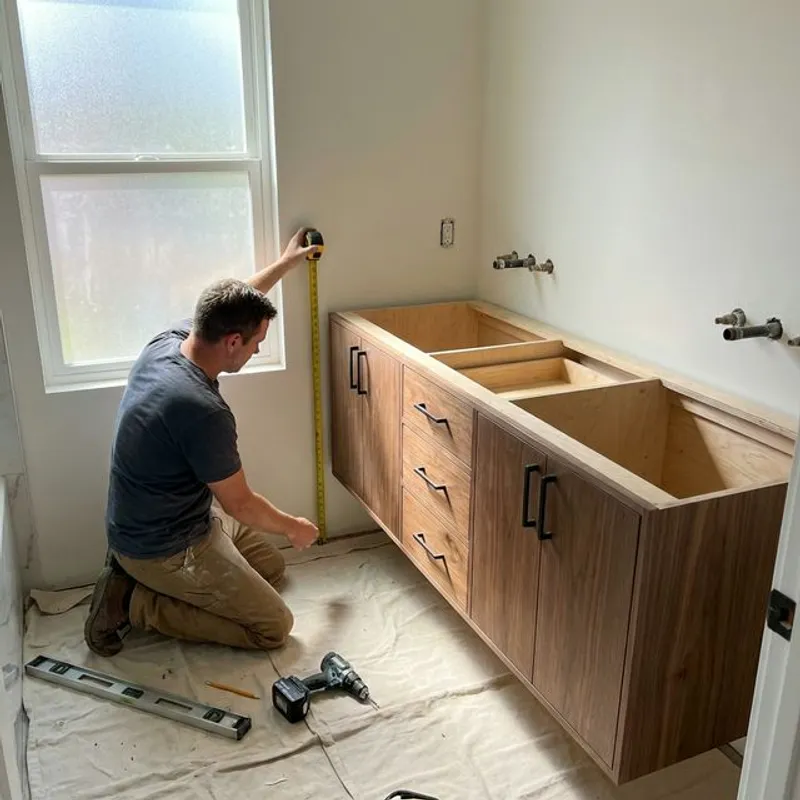 Floating walnut bathroom vanity installation