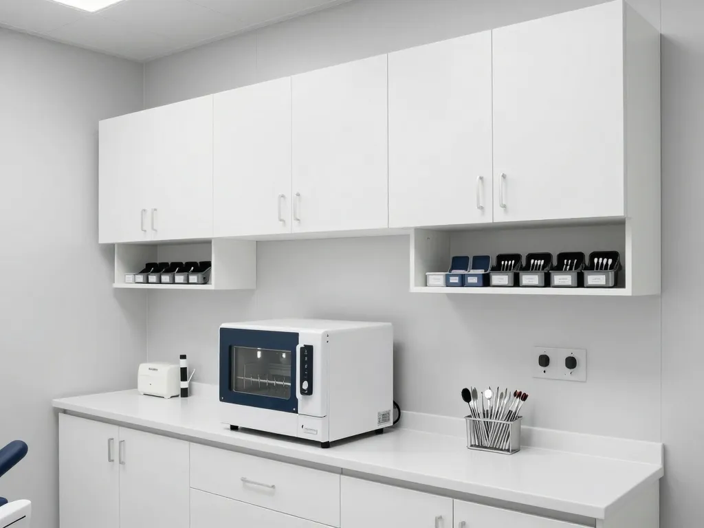 Custom dental operatory cabinets with soft-close drawers and chemical-resistant surfaces
