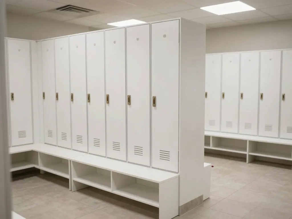 Custom fitness center locker room vanities and reception desk millwork in Stockton, CA