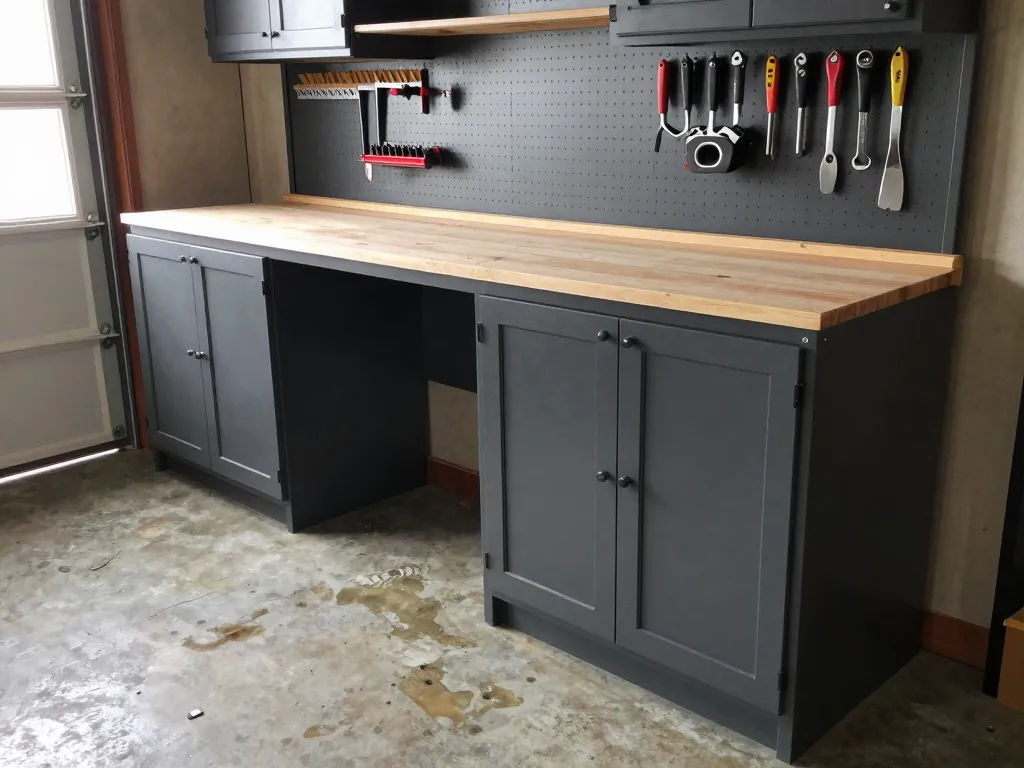 Custom garage workbench with integrated cabinet storage and pegboard wall organization