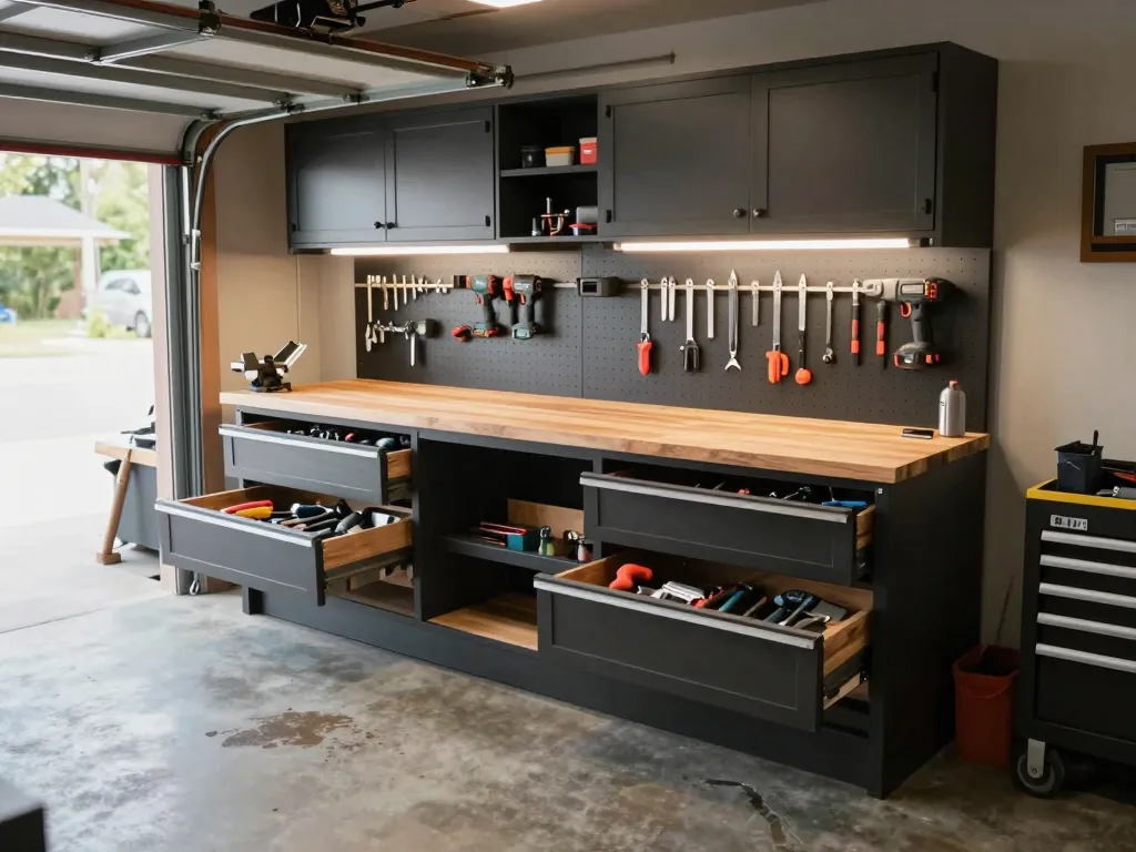 Completed residential garage transformation with white overhead cabinets and slatwall panel