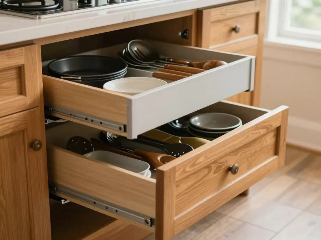 Custom kitchen cabinet pull-out drawer and storage organization system