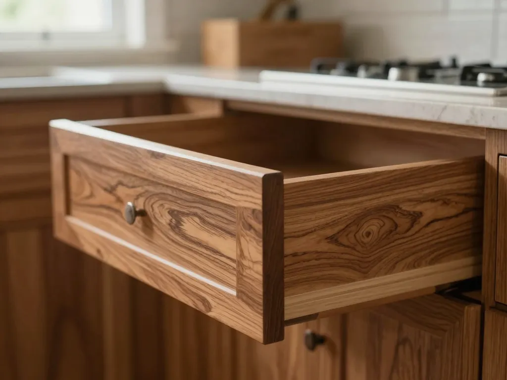 Professional cabinet installer leveling upper wall cabinet in a kitchen