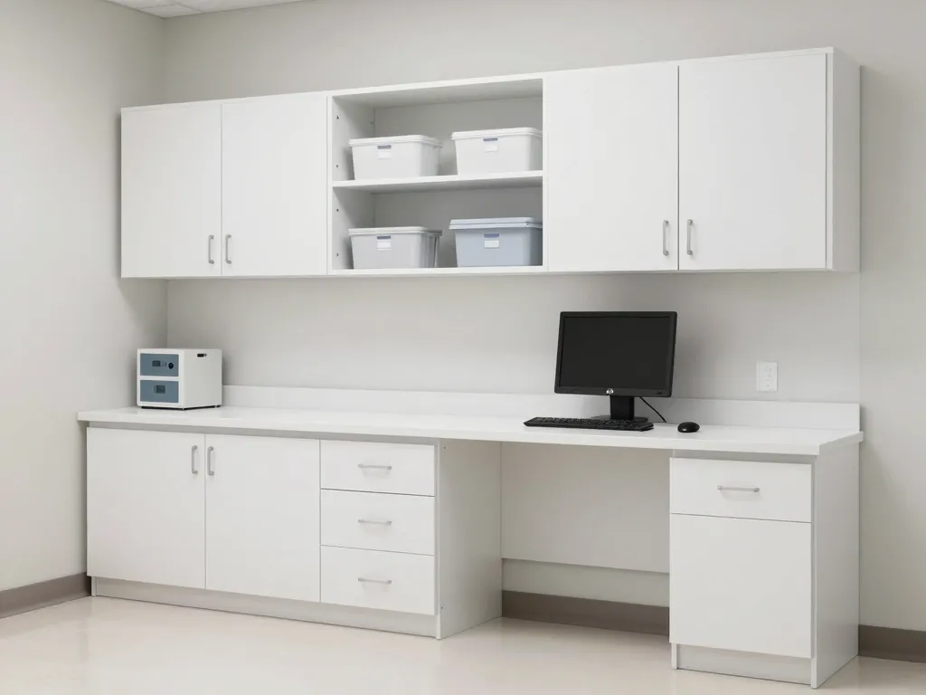 Medical exam room cabinets with chemical-resistant HPL surfaces