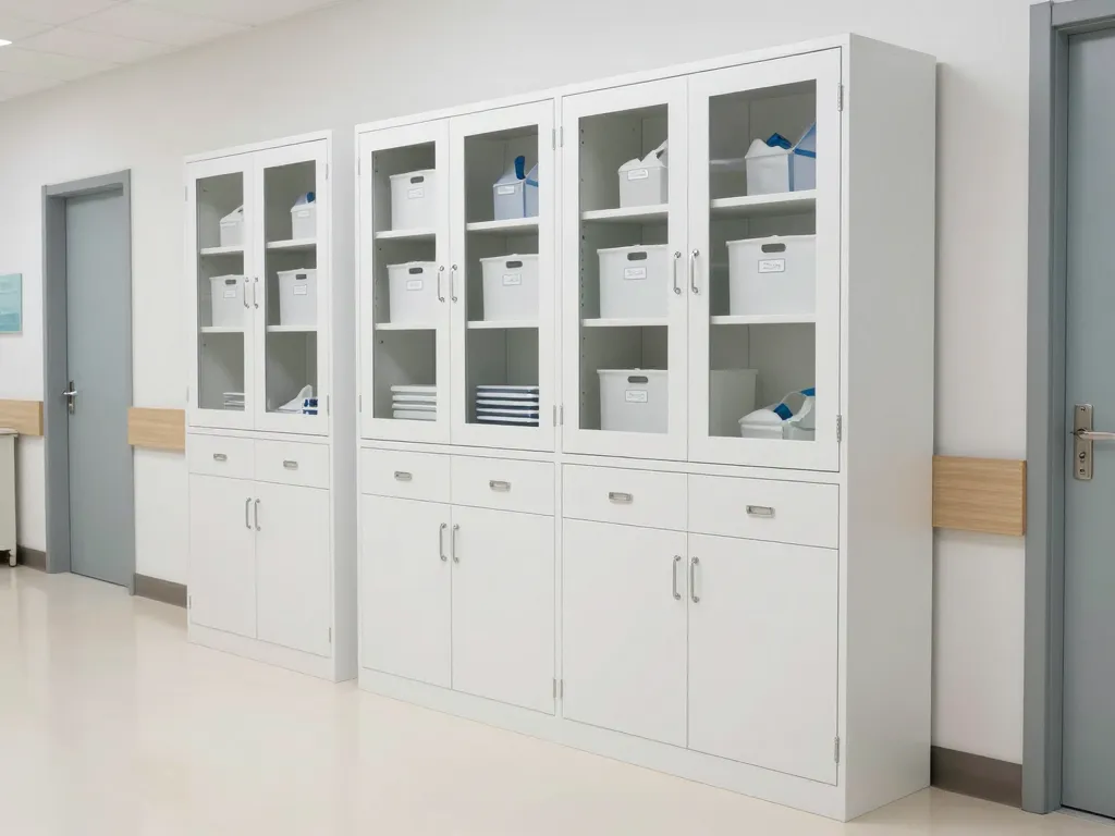 Custom nurses station millwork with transaction counter and locking storage