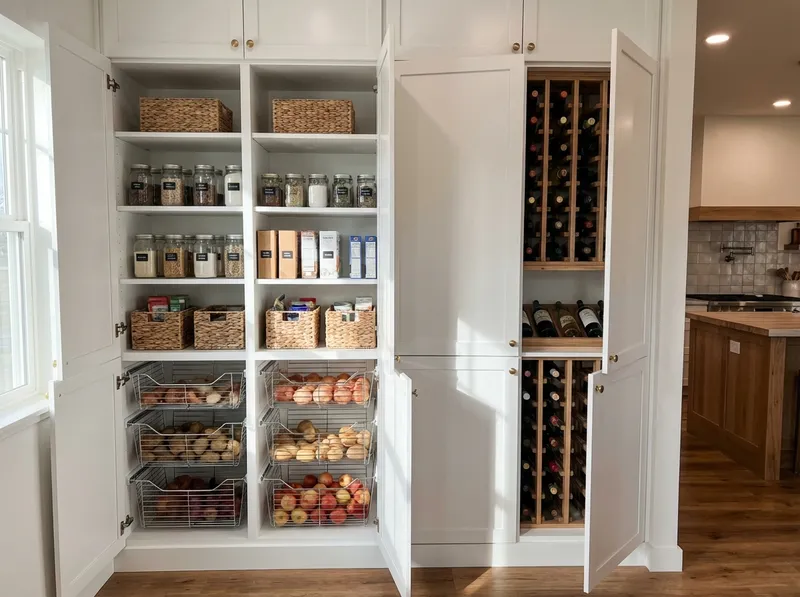 Custom floor-to-ceiling pantry shelving with pull-out baskets and wine rack