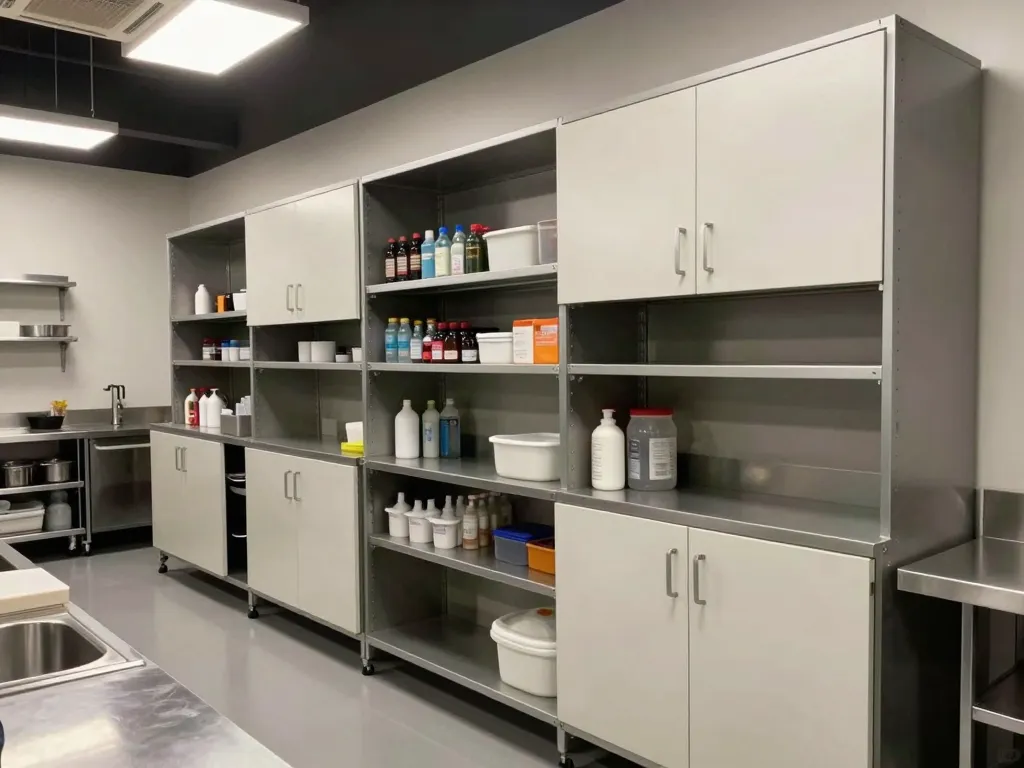 Restaurant server station cabinetry and back-of-house storage organization