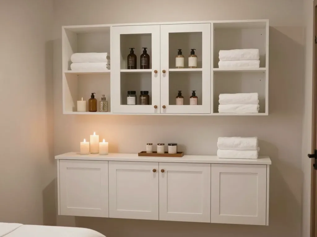 Custom salon styling station cabinets with organized drawer configuration