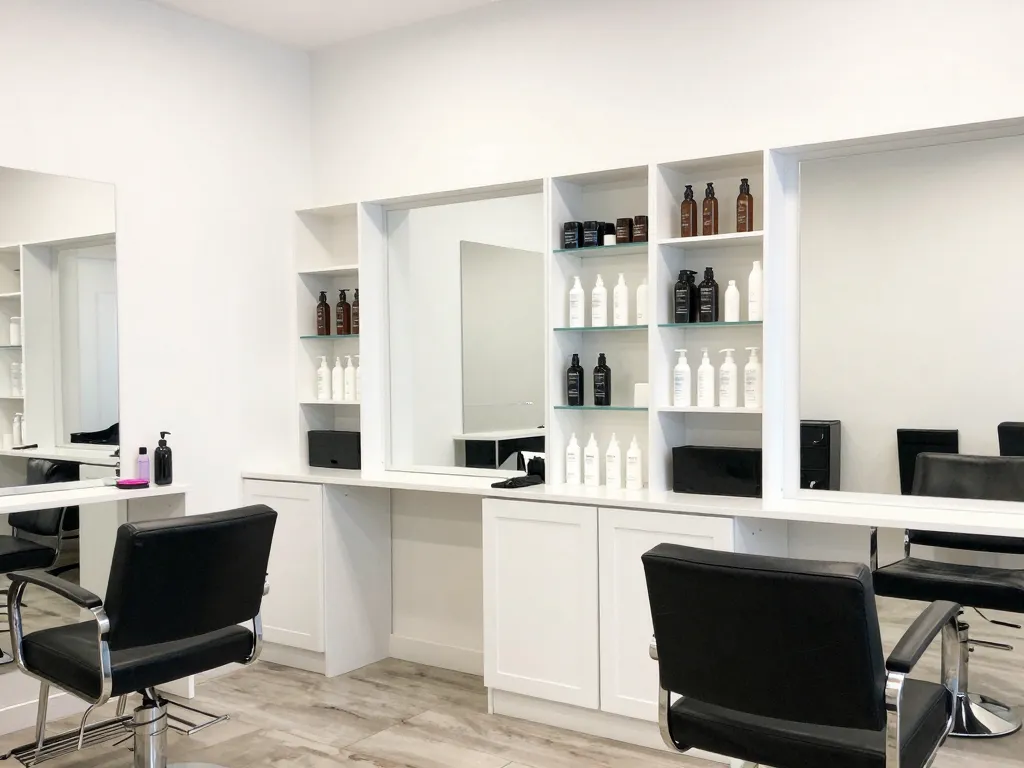 Custom salon styling station cabinets and backbar millwork in Stockton, CA